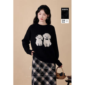 鹿向南【狗狗日记】黑色慵懒圆领套头针织衫设计感毛衣2024女秋冬