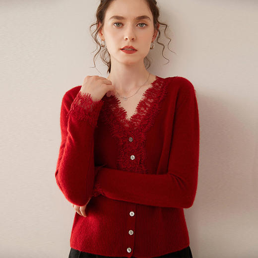 【自】全新升级【铂金会员422/天猫569/差价147】(21706) 洛诗琳鄂尔多斯100纯羊绒蕾丝花边V领针织羊绒开衫女 商品图3