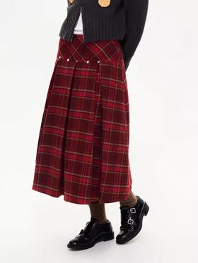 heris/H44109/节日红色格纹 贝壳扣装饰 毛呢百褶半裙