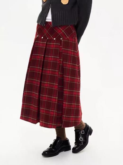 heris/H44109/节日红色格纹 贝壳扣装饰 毛呢百褶半裙 商品图0