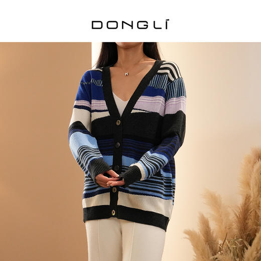 DONGLI&张继成联名款 山羊绒 女士秋冬针织V领开衫宽松条纹撞色220194 商品图2