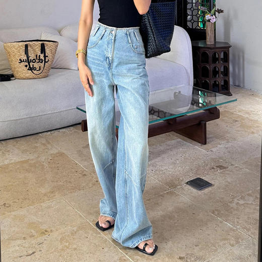 【顺丰包邮】11927 洛诗琳高级感褶皱设计高腰显瘦直筒牛仔裤013 商品图0