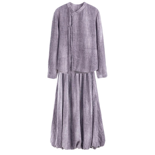 绽放776-778朵/丁香紫扎染廓形感灯笼裙新中式V型立领衬衫套装 商品图3