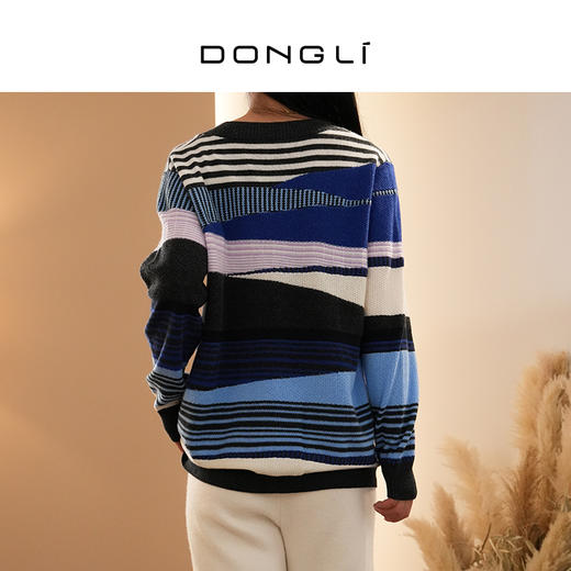 DONGLI&张继成联名款 山羊绒 女士秋冬针织V领开衫宽松条纹撞色220194 商品图4