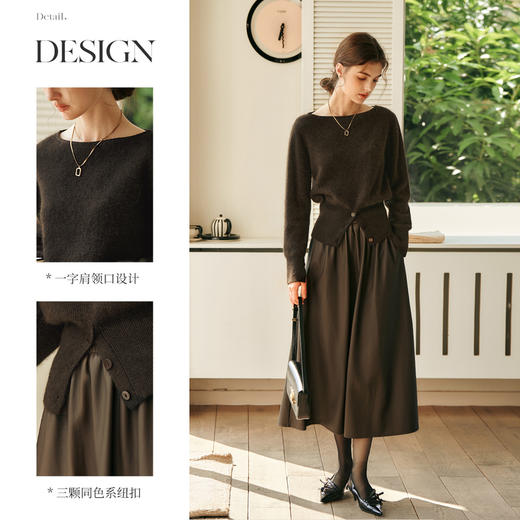 OLrain欧芮儿法式一字领毛衣女冬季2024年新款开叉下摆收腰套头衫 商品图2