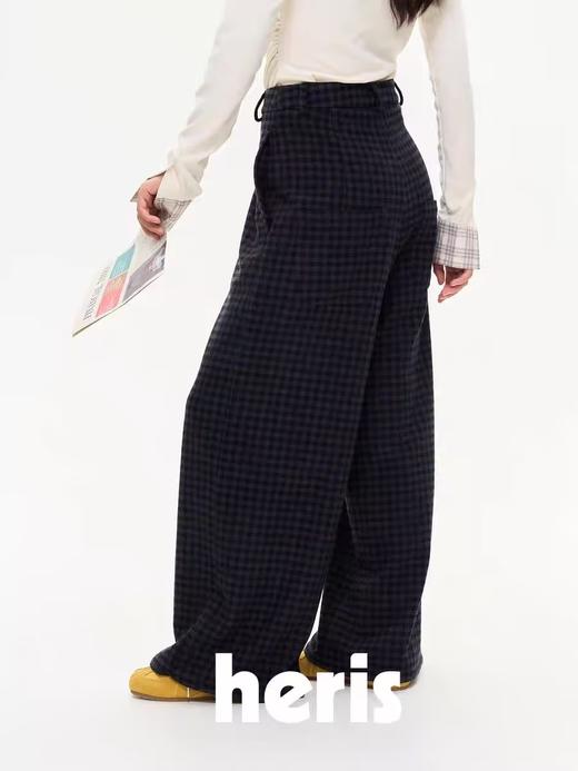 heris/H44115/藏蓝格纹 毛呢阔腿长裤 商品图0