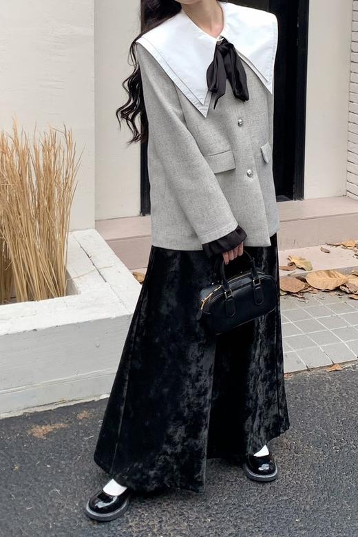 Le Malene 银色无领时髦小香风缎面飘带西装外套 19251 商品图3