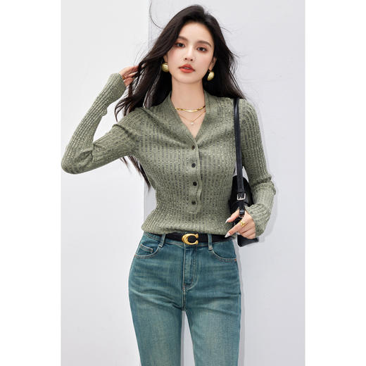 日系拼色假两件针织衫女 秋冬装V领收腰显瘦气质开衫上衣 商品图7