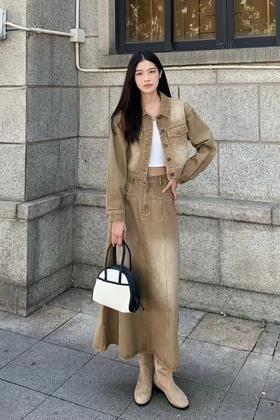 WHO KNOWS 复古卡其色做旧牛仔外套半裙套装 19263