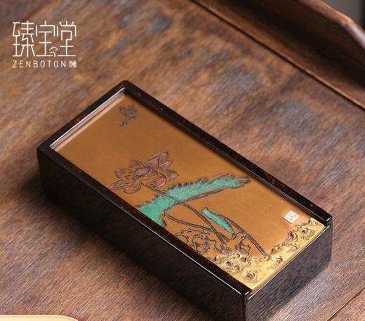 臻宝堂大漆茶叶盒纯手工雕刻荷塘抽拉式方形便携泡装高档茶具空盒荷塘茶叶盒 商品图1