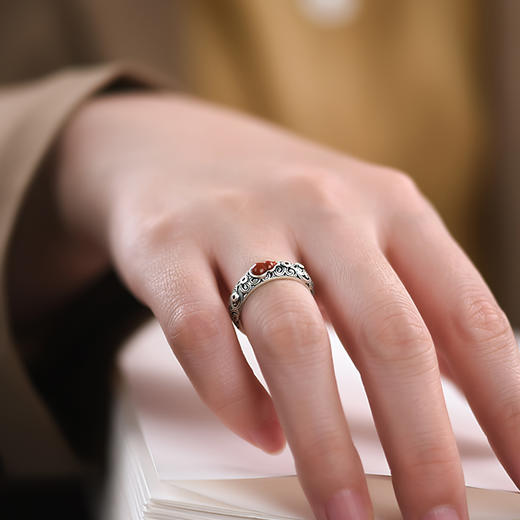 Winy925纯银花丝福禄戒指新中式玛瑙指环送送女友送闺蜜节日生日礼物 商品图4