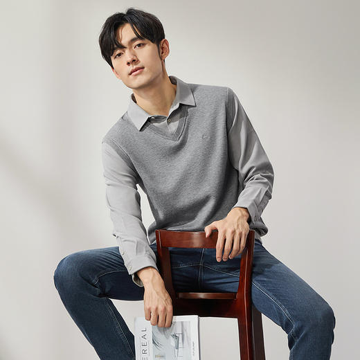 【可机洗】柒牌假两件毛衣男秋冬新款含羊毛保暖舒适衬衫领针织衫	127Y70450 商品图1