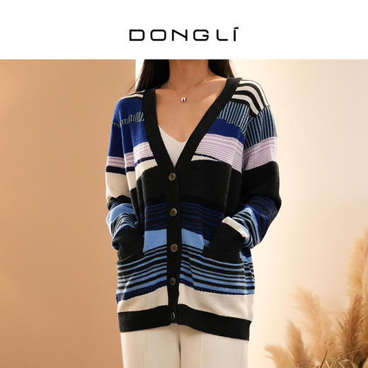 DONGLI&张继成联名款 山羊绒 女士秋冬针织V领开衫宽松条纹撞色220194 商品图0
