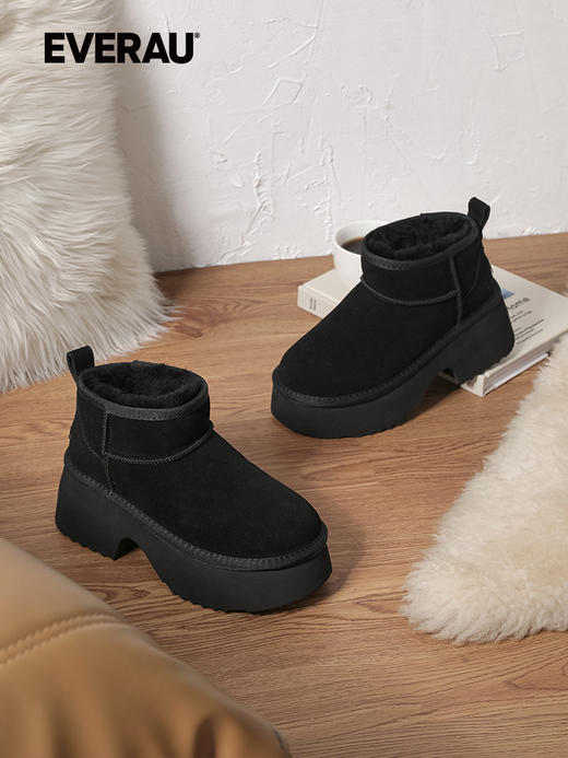 EVERAU羊皮毛一体雪地靴女士冬季新款粗跟短筒高跟女靴 UEA3014 商品图3