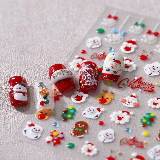 【9.9抢！圣诞快乐浮雕贴纸】姜饼人麋鹿铃铛5D浮雕美甲圣诞，圣诞老人美甲贴纸手绘雪花指甲贴QQ直播引流品 商品图2