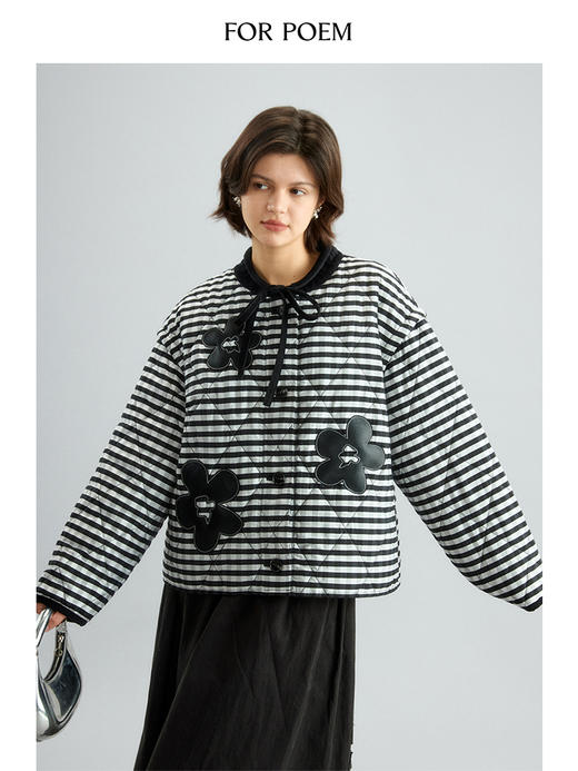 ForPoem 现货 24/FW原创设计可拆卸袖子两穿格纹绗缝皮花装饰棉服外套 商品图1