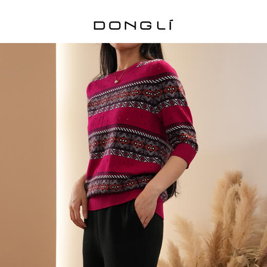 DONGLI&张继成 联名款 女士春秋针织圆领羊绒衫短袖挑孔红色  220383 商品图3