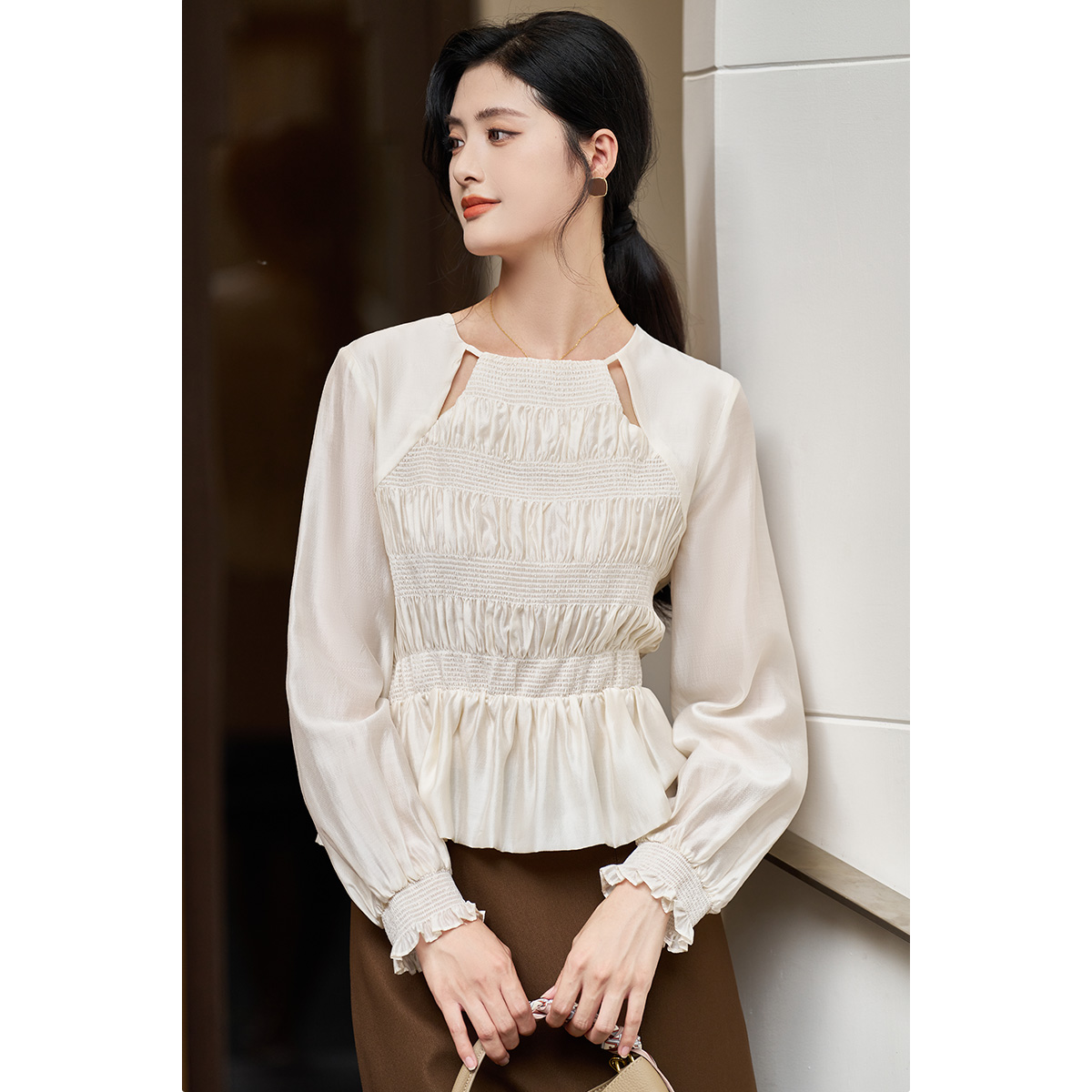 剩S/M/L/XL/XXL 米思阳2026春季新款法式别致上衣纯色镂空设计感灯笼袖衬衫女0241