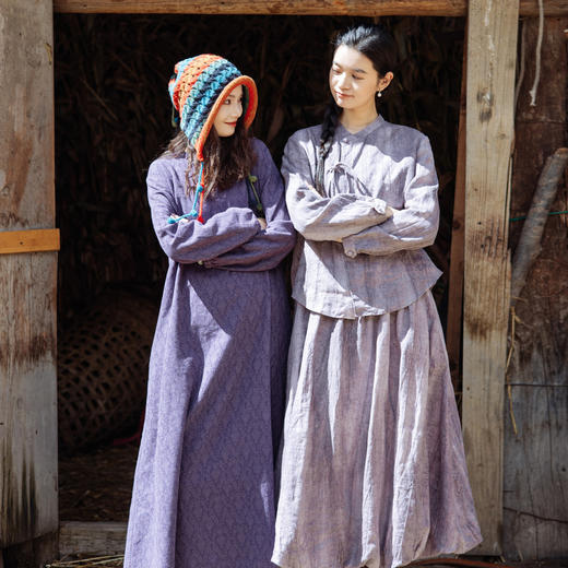 绽放776-778朵/丁香紫扎染廓形感灯笼裙新中式V型立领衬衫套装 商品图2