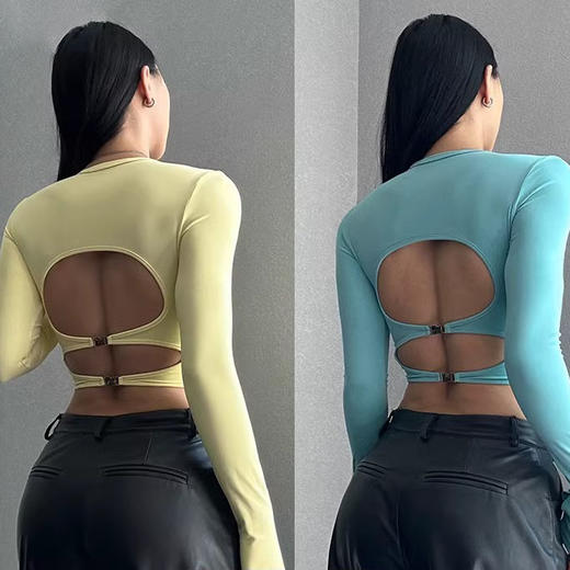 跃牌【小甜心】系列 露背镂空性感带胸垫瑜伽运动长袖T恤女9068 商品图0