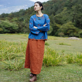 绽放旅行女装785朵/冬季士林色织亚麻松紧腰绗棉百搭半身中长裙