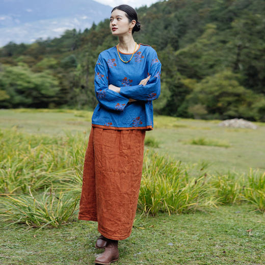 绽放旅行女装785朵/冬季士林色织亚麻松紧腰绗棉百搭半身中长裙 商品图0