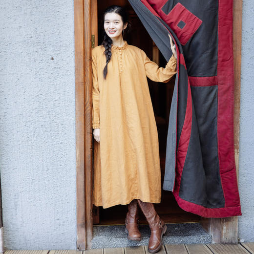 绽放旅行女装766朵/加厚砂洗磨毛亚麻双层毛边花边大摆叠穿连衣裙 商品图0