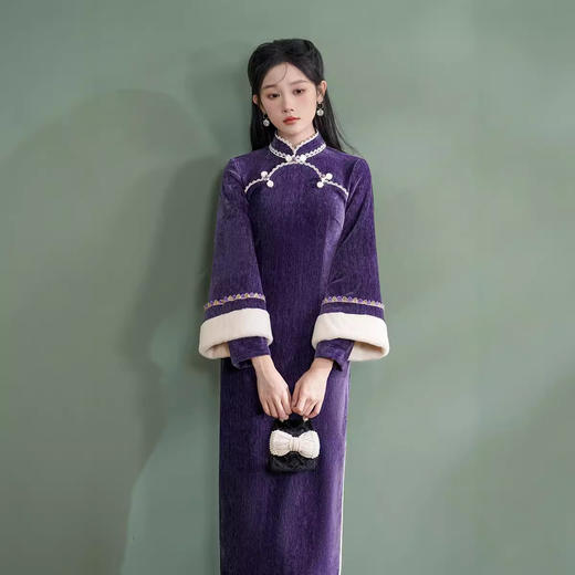改良日常国风倒大袖，假两件年轻款紫色旗袍XL1125 商品图4