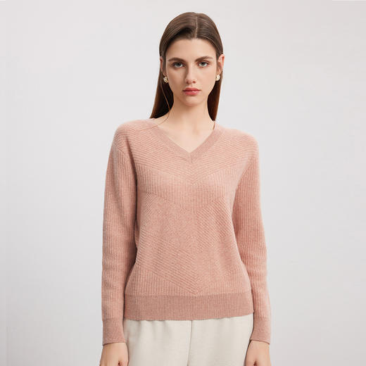 【V领立体条纹羊绒衫】羊绒世家秋冬新品女士100%山羊绒内搭保暖针织衫 商品图1
