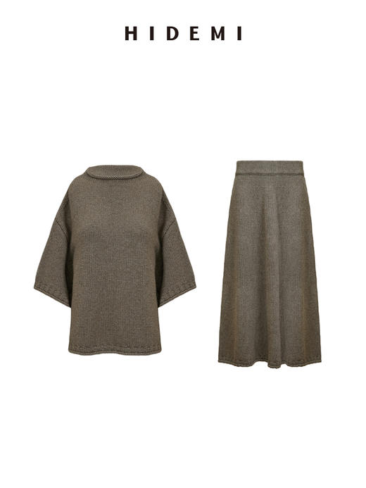 HIDEMI 进口澳洲美利奴羊毛花纱立领短袖粗针极简廓形毛衣半裙套装 毛衣｜茧型半裙 商品图7