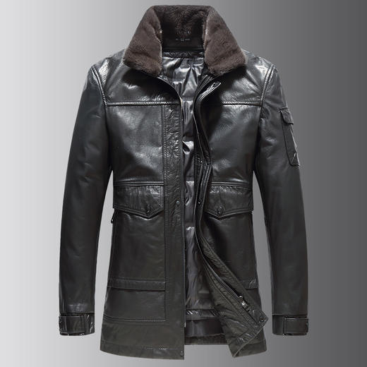 【可拆卸内胆】【水貂毛领】【真皮DSZ】大依优型大码立领羽绒真皮牛皮夹克外套休闲简约大号皮夹克真皮皮草加肥加大 商品图5