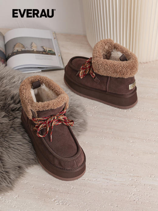 EVERAU女士冬季新款系带厚底雪地靴翻毛厚底增高UEA3011 商品图1