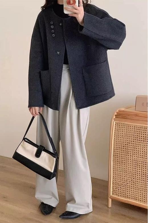 amadella 深灰色短款羊绒大衣针织围巾套装 19271 商品图4