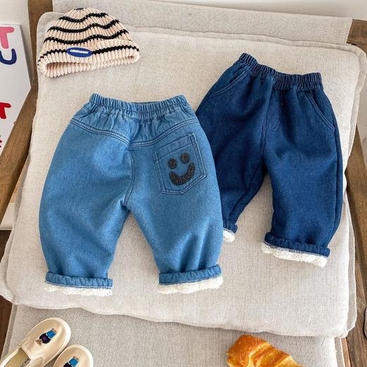 【时尚洋气笑脸设计，宝宝穿着舒适暖和】儿童笑脸牛仔裤 0-5岁冬季男女宝宝洋气时尚 加绒笑脸牛仔裤-QQ 商品图1