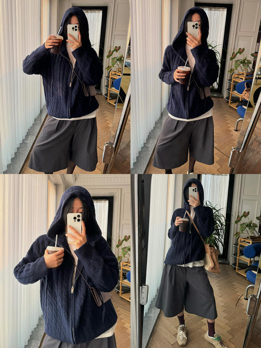 HIDEMI 【赵露思同款】进口澳洲美利奴羊毛绞花麻花花纱厚款宽松式连帽拉链毛衣外套长裤套装  藏蓝色/中灰色 帽衫\阔腿裤 商品图2