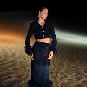 【顺丰包邮】99859 洛诗琳珠片毛呢鸵鸟毛外套优雅羽毛半裙两件套A811