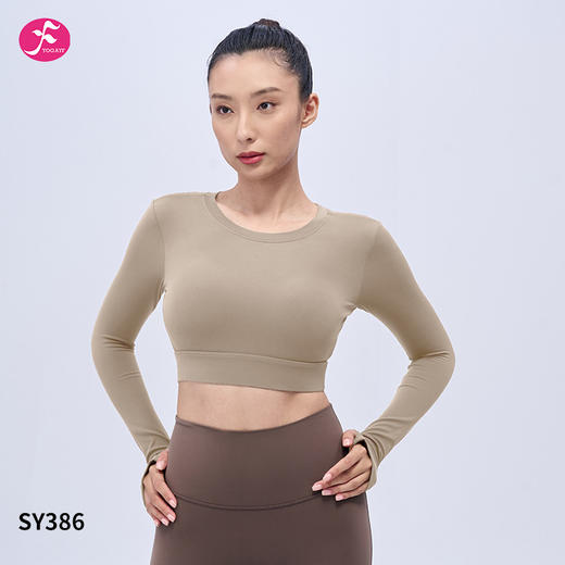 一梵新款短款紧身背部镂空自带活动水滴杯胸垫长袖上衣三色  黑色 卡其色 橄榄绿 商品图7