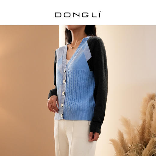 DONGLI&张继成 联名款 女士春秋针织V领羊绒开衫菱形格撞色绞花   220502 商品图2