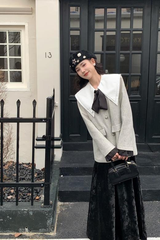 Le Malene 银色无领时髦小香风缎面飘带西装外套 19251 商品图2