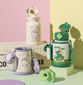 【品牌直发】【杯具熊星辰双饮杯保温杯】吸管直饮双饮杯600ml 儿童上学大容量便携水壶316不锈钢