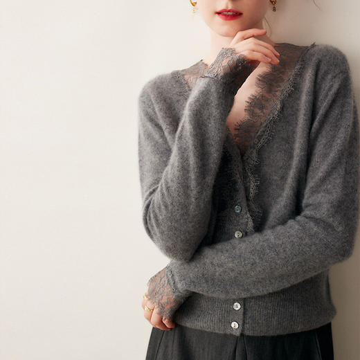 【自】全新升级【铂金会员422/天猫569/差价147】(21706) 洛诗琳鄂尔多斯100纯羊绒蕾丝花边V领针织羊绒开衫女 商品图4