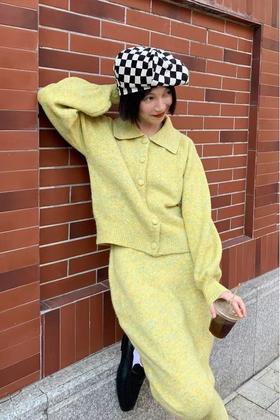 ANSUABEL 柠檬黄针织开衫半裙套装 14485