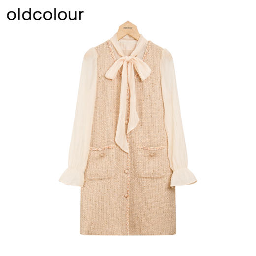 oldcolour冬新款时尚气质小香风V领长袖连衣裙假两件女P461003A1 商品图0