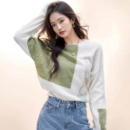 日系拼色假两件针织衫女 秋冬装V领收腰显瘦气质开衫上衣 商品图10