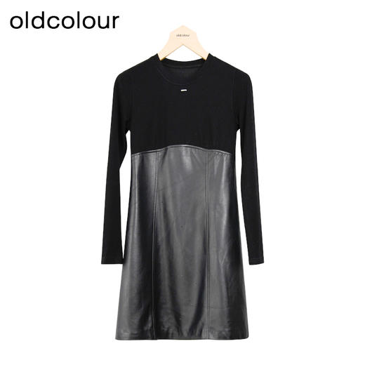 oldcolour冬新款皮质小黑裙针织拼接PU皮设计感连衣裙女P431002A1 商品图0