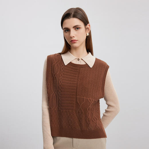 【无袖绞花针织马甲】羊绒世家秋冬新品女士100%山羊绒圆领套头针织衫 商品图2