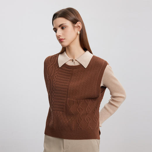 【无袖绞花针织马甲】羊绒世家秋冬新品女士100%山羊绒圆领套头针织衫 商品图3