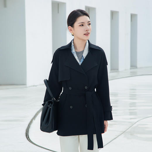 【双排扣短款风衣】24年秋冬新品女士西装款通勤黑色系带收腰上衣外套 商品图1
