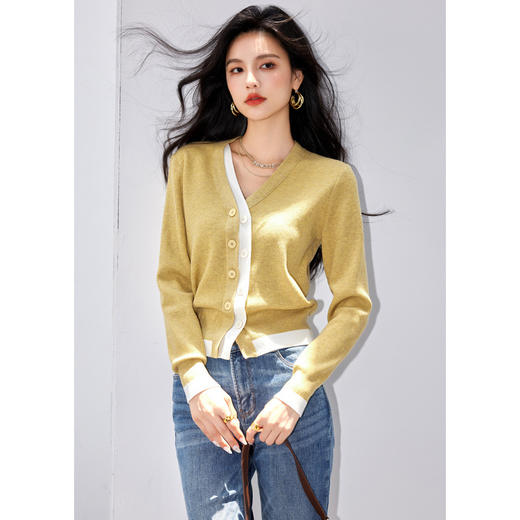 日系拼色假两件针织衫女 秋冬装V领收腰显瘦气质开衫上衣 商品图1