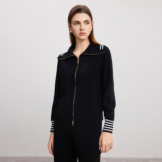 【条纹羊毛针织开衫】24年秋冬新品女士100%羊毛条纹撞色针织保暖外套 商品图2